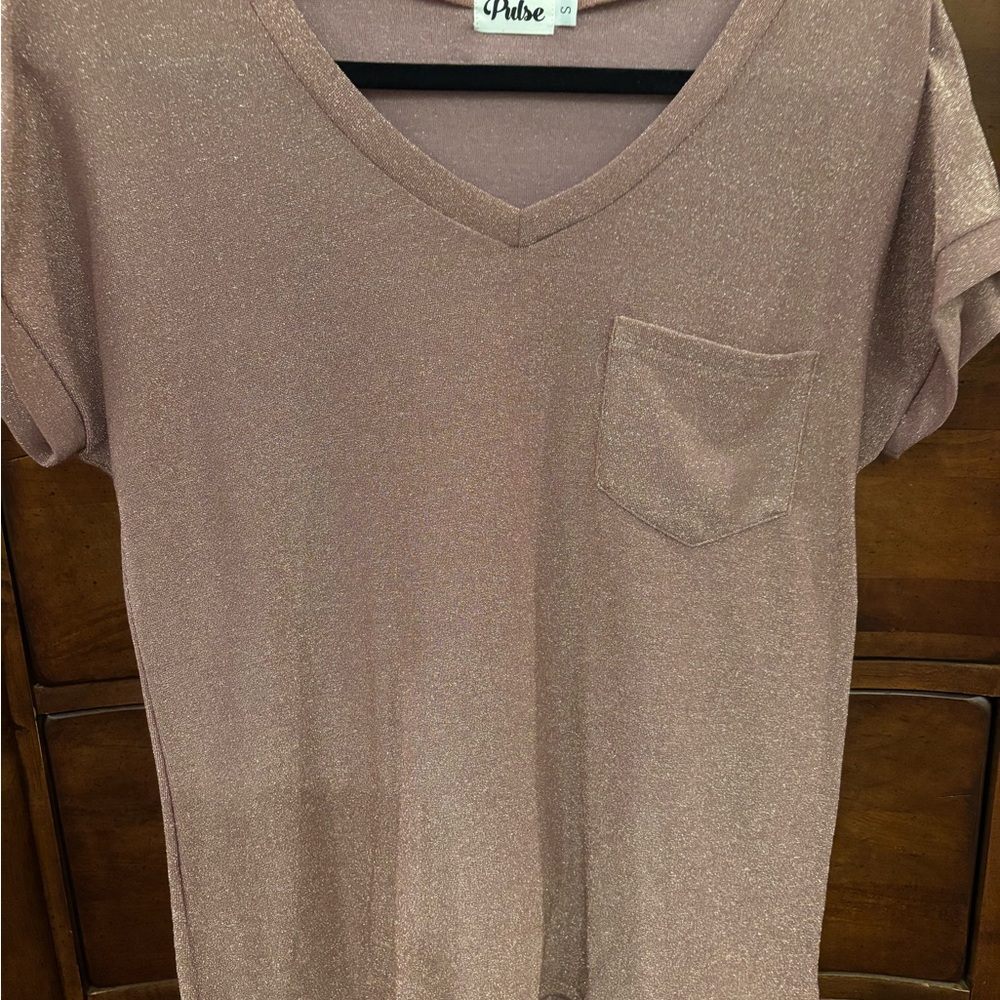 Pulse Women's Glittering Beige Short Sleeve Top